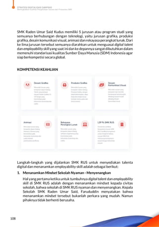 STRATEGI DIGITALISASI SARPRAS
Meningkatkan Kualitas Pengelolaan Sarana dan Prasarana SMK
108
SMK Raden Umar Said Kudus memiliki 5 jurusan atau program studi yang
semuanya berhubungan dengan teknologi, yaitu jurusan grafika, produksi
grafika, desain komunikasivisual, animasidanrekayasaperangkatlunak.Dari
ke lima jurusan tersebut semuanya diarahkan untuk menguasai digital talent
dan employability skill yang saat ini dan ke depannyasangatdibutuhkan dalam
memenuhi standarisasi kualitas Sumber Daya Manusia (SDM) Indonesia agar
siap berkompetisi secara global.
KOMPETENSI KEAHLIAN
Langkah-langkah yang dijalankan SMK RUS untuk menyediakan talenta
digital dan menanamkan employability skill adalah sebagai berikut:
1. Menanamkan Mindset Sekolah Nyaman - Menyenangkan
Hal yang pertama ketika untuk tumbuhnya digital talent dan employability
skill di SMK RUS adalah dengan menanamkan mindset kepada civitas
sekolah, bahwa sekolah di SMK RUS nyaman dan menyenangkan. Kepala
Sekolah SMK Raden Umar Said, Farududdin menyatakan bahwa
menanamkan mindset tersebut bukanlah perkara yang mudah. Namun
pihaknya tidak berhenti berusaha.
 