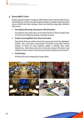 STRATEGI DIGITALISASI SARPRAS
Meningkatkan Kualitas Pengelolaan Sarana dan Prasarana SMK
114
6. Skema KBM 3 Tahun
Dalam kegiatan belajar mengajar, SMK Raden Umar Said memiliki skema
pembelajaran untuk siswa agar kegiatan belajar mengajar dapat berjalan
secara efektif dan fokus dengan minat dan keahlian yang ingin didalami
oleh siswa.
 Foundation (Drawing, Storyboard, 3D Animation)
Foundation atau kelas dasar ini berada di kelas X. Dimana pada kelas
ini siswa akan diajarkan pelajaran-pelajaran dasar.
 Project Learning/Built Your Own Curriculum
Pada kelas XI siswa sudah menentukan apa yang minat atau dipelajari
sendiri. Jadi, siswa akan menentukan kurikulum yang ingin mereka
pelajari di kelas XI yang berbasis projek is learning atau kelas
industrinya. Jadi selama satu tahun siswa akan terjun di industri, tapi
sebelum masuk industri mereka menentukan sebelumnya di kelas X.
 Final Project
Di kelas XII siswa mengerjakan tugas akhir,
 