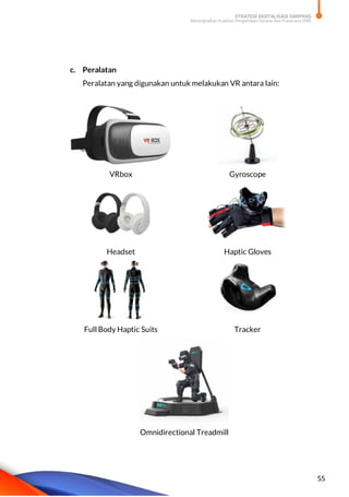STRATEGI DIGITALISASI SARPRAS
Meningkatkan Kualitas Pengelolaan Sarana dan Prasarana SMK
55
c. Peralatan
Peralatan yang digunakan untuk melakukan VR antara lain:
VRbox Gyroscope
Headset Haptic Gloves
Full Body Haptic Suits Tracker
Omnidirectional Treadmill
 