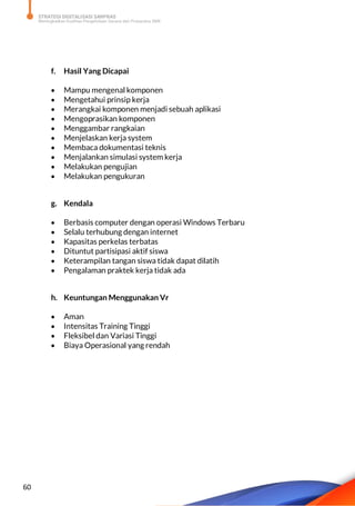 STRATEGI DIGITALISASI SARPRAS
Meningkatkan Kualitas Pengelolaan Sarana dan Prasarana SMK
60
f. Hasil Yang Dicapai
 Mampu mengenal komponen
 Mengetahui prinsip kerja
 Merangkai komponen menjadi sebuah aplikasi
 Mengoprasikan komponen
 Menggambar rangkaian
 Menjelaskan kerja system
 Membaca dokumentasi teknis
 Menjalankan simulasi system kerja
 Melakukan pengujian
 Melakukan pengukuran
g. Kendala
 Berbasis computer dengan operasi Windows Terbaru
 Selalu terhubung dengan internet
 Kapasitas perkelas terbatas
 Dituntut partisipasi aktif siswa
 Keterampilan tangan siswa tidak dapat dilatih
 Pengalaman praktek kerja tidak ada
h. Keuntungan Menggunakan Vr
 Aman
 Intensitas Training Tinggi
 Fleksibel dan Variasi Tinggi
 Biaya Operasional yang rendah
 