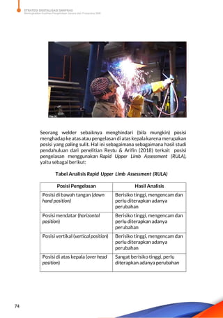 STRATEGI DIGITALISASI SARPRAS
Meningkatkan Kualitas Pengelolaan Sarana dan Prasarana SMK
74
Seorang welder sebaiknya menghindari (bila mungkin) posisi
menghadapke atas atau pengelasan di atas kepalakarenamerupakan
posisi yang paling sulit. Hal ini sebagaimana sebagaimana hasil studi
pendahuluan dari penelitian Restu & Arifin (2018) terkait posisi
pengelasan menggunakan Rapid Upper Limb Assessment (RULA),
yaitu sebagai berikut:
Tabel Analisis Rapid Upper Limb Assessment (RULA)
Posisi Pengelasan Hasil Analisis
Posisi di bawah tangan (down
hand position)
Berisiko tinggi, mengencam dan
perlu diterapkan adanya
perubahan
Posisi mendatar (horizontal
position)
Berisiko tinggi, mengencam dan
perlu diterapkan adanya
perubahan
Posisi vertikal (vertical position) Berisiko tinggi, mengencam dan
perlu diterapkan adanya
perubahan
Posisi di atas kepala (over head
position)
Sangat berisiko tinggi, perlu
diterapkan adanya perubahan
 