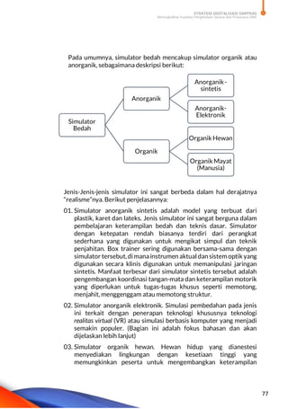 STRATEGI DIGITALISASI SARPRAS
Meningkatkan Kualitas Pengelolaan Sarana dan Prasarana SMK
77
Pada umumnya, simulator bedah mencakup simulator organik atau
anorganik, sebagaimana deskripsi berikut:
Jenis-Jenis-jenis simulator ini sangat berbeda dalam hal derajatnya
“realisme”nya. Berikut penjelasannya:
01. Simulator anorganik sintetis adalah model yang terbuat dari
plastik, karet dan lateks. Jenis simulator ini sangat berguna dalam
pembelajaran keterampilan bedah dan teknis dasar. Simulator
dengan ketepatan rendah biasanya terdiri dari perangkat
sederhana yang digunakan untuk mengikat simpul dan teknik
penjahitan. Box trainer sering digunakan bersama-sama dengan
simulator tersebut, di manainstrumen aktual dan sistem optik yang
digunakan secara klinis digunakan untuk memanipulasi jaringan
sintetis. Manfaat terbesar dari simulator sintetis tersebut adalah
pengembangan koordinasi tangan-mata dan keterampilan motorik
yang diperlukan untuk tugas-tugas khusus seperti memotong,
menjahit, menggenggam atau memotong struktur.
02. Simulator anorganik elektronik. Simulasi pembedahan pada jenis
ini terkait dengan penerapan teknologi khususnya teknologi
realitas virtual (VR) atau simulasi berbasis komputer yang menjadi
semakin populer. (Bagian ini adalah fokus bahasan dan akan
dijelaskan lebih lanjut)
03. Simulator organik hewan. Hewan hidup yang dianestesi
menyediakan lingkungan dengan kesetiaan tinggi yang
memungkinkan peserta untuk mengembangkan keterampilan
Simulator
Bedah
Anorganik
Anorganik-
sintetis
Anorganik-
Elektronik
Organik
Organik Hewan
Organik Mayat
(Manusia)
 