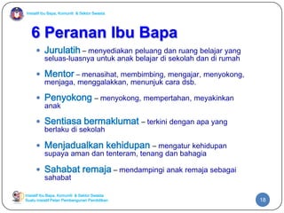Inisiatif Ibu Bapa, Komuniti & Sektor Swasta

6 Peranan Ibu Bapa
 Jurulatih – menyediakan peluang dan ruang belajar yang
seluas-luasnya untuk anak belajar di sekolah dan di rumah

 Mentor – menasihat, membimbing, mengajar, menyokong,
menjaga, menggalakkan, menunjuk cara dsb.

 Penyokong – menyokong, mempertahan, meyakinkan
anak

 Sentiasa bermaklumat – terkini dengan apa yang
berlaku di sekolah

 Menjadualkan kehidupan – mengatur kehidupan
supaya aman dan tenteram, tenang dan bahagia

 Sahabat remaja – mendampingi anak remaja sebagai
sahabat

Inisiatif Ibu Bapa, Komuniti & Sektor Swasta
Suatu inisiatif Pelan Pembangunan Pendidikan

18

 