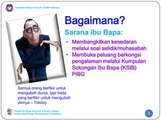 Inisiatif Ibu Bapa, Komuniti & Sektor Swasta

Bagaimana?
Sarana ibu Bapa:
• Membangkitkan kesedaran
melalui soal selidik/muhasabah
• Membuka peluang berkongsi
pengalaman melalui Kumpulan
Sokongan Ibu Bapa (KSIB)
PIBG
Semua orang berfikir untuk
mengubah dunia, tapi tiada
yang berfikir untuk mengubah
dirinya – Tolstoy
Inisiatif Ibu Bapa, Komuniti & Sektor Swasta
Suatu inisiatif Pelan Pembangunan Pendidikan

5

 