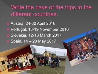 Austria. 24-30 April 2016
 Portugal. 13-19 November 2016
 Slovakia. 12-18 March 2017
 Spain. 14 – 20 May 2017
 