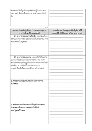 ทักษะและนิสัยที่ถูกต้องแก่ลูกศิษย์และผู้รับบริการตาม
บทบาทหน้าที่อย่างเต็มความสามารถ ด้วยความบริสุทธิ์
ใจ)
---------------------------------------------------------------
---------------------------------------------------------------
---------------------------------------------------------------
---------------------------------------------------------------
---------------------------------------------------------------
---------------------------------------------------------------
- 17 -
กรอบการประพฤติปฏิบัติของข้าราชการและบุคลากร
ทางการศึกษาที่เป็นคุณความดี
ระบุพฤติกรรม หรือเหตุการณ์สําคัญที่ท่านได้
ประพฤติดี ปฏิบัติชอบ ตามวินัย จรรยาบรรณ
1.4 จรรยาบรรณต่อผู้ร่วมวิชาชีพ (ช่วยเหลือเกื้อกูร
ซึ่งกันและกันอย่างสร้างสรรค์ โดยยึดมั่นในคุณธรรม สร้าง
ความสามัคคีในหมู่คณะ)
---------------------------------------------------------------
---------------------------------------------------------------
---------------------------------------------------------------
---------------------------------------------------------------
---------------------------------------------------------------
---------------------------------------------------------------
---------------------------------------------------------------
1.5 จรรยาบรรณต่อสังคม (ประพฤติปฏิบัติตนเป็น
ผู้นําในการอนุรักษ์และพัฒนาเศรษฐกิจ สังคม ศาสนา
ศิลปวัฒนธรรม ภูมิปัญญา สิ่งแวดล้อม รักษาผลประโยชน์
ของส่วนรวม และยึดมั่นในการปกครองระบบ
ประชาธิปไตยอันมีพระมหากษัตริย์ทรงเป็นประมุข)
---------------------------------------------------------------
---------------------------------------------------------------
---------------------------------------------------------------
---------------------------------------------------------------
---------------------------------------------------------------
---------------------------------------------------------------
---------------------------------------------------------------
---------------------------------------------------------------
2. การประพฤติปฏิบัติตนตามงานในหน้าที่ความ
รับผิดชอบ
---------------------------------------------------------------
---------------------------------------------------------------
---------------------------------------------------------------
---------------------------------------------------------------
---------------------------------------------------------------
---------------------------------------------------------------
---------------------------------------------------------------
---------------------------------------------------------------
3. พฤติกรรมการทําคุณความดีอื่นๆ ที่ส่วนราชการ
กําหนดตามลักษณะงานของตน หรือที่มีมติ
คณะรัฐมนตรีกําหนด
---------------------------------------------------------------
---------------------------------------------------------------
---------------------------------------------------------------
---------------------------------------------------------------
---------------------------------------------------------------
---------------------------------------------------------------
---------------------------------------------------------------
 