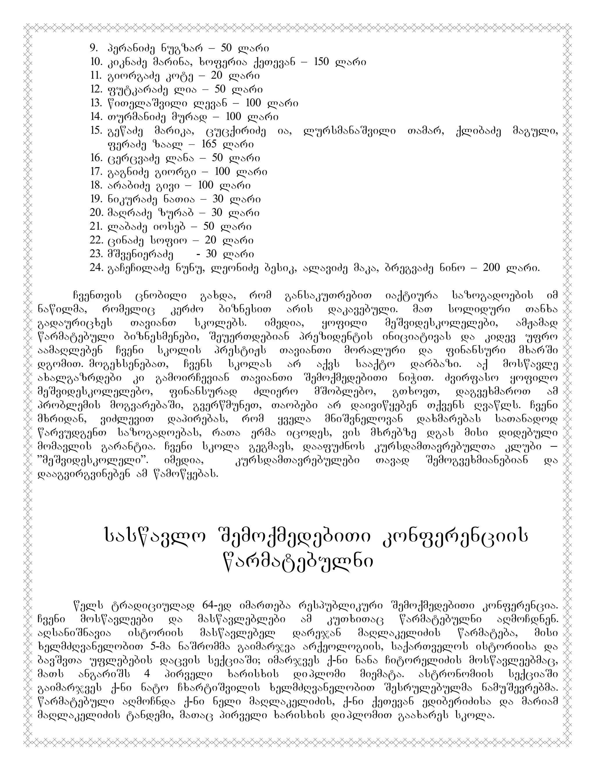9.
10.
11.
12.
13.
14.
15.
16.
17.
18.
19.
20.
21.
22.
23.
24.

peraniZe nugzar – 50 lari
kiknaZe marina, xoferia qeTevan – 150 lari
giorgaZe kote – 20 lari
futkaraZe lia – 50 lari
wiTelaSvili levan – 100 lari
TurmaniZe murad – 100 lari
gewaZe marika, cucqiriZe ia, lursmanaSvili Tamar, qlibaZe maguli,
feraZe zaal – 165 lari
cercvaZe lana – 50 lari
gagniZe giorgi – 100 lari
arabiZe givi – 100 lari
nikuraZe naTia – 30 lari
maRraZe zurab – 30 lari
labaZe ioseb – 50 lari
cinaZe sofio – 20 lari
mSvenieraZe
- 30 lari
gaCeCilaZe nunu, leoniZe besik, alaviZe maka, bregvaZe nino – 200 lari.

CvenTvis cnobili gaxda, rom gansakuTrebiT iaqtiura sazogadoebis im
nawilma, romelic kerZo biznesiT aris dakavebuli. maT soliduri Tanxa
gadauricxes
TavianT
skolebs.
imedia,
yofili
meSvideskolelebi,
amJamad
warmatebuli biznesmenebi, SeuerTdebian prezidentis iniciativas da kidev ufro
aamaRleben Cveni skolis prestiJs TavianTi moraluri da finansuri mxarSi
dgomiT.MmogexsenebaT, Cvens skolas ar aqvs saaqto darbazi. aq moswavle
axalgazrdebi ki gamoirCevian TavianTi SemoqmedebiTi niWiT. Zvirfaso yofilo
meSvideskolelebo, finansurad Zliero mSoblebo, gTxovT, dagvexmaroT am
problemis mogvarebaSi, gverwmuneT, Taobebi ar daiviwyeben Tqvens Rvawls. Cveni
mxridan, viZleviT dapirebas, rom yvela mniSvnelovan daxmarebas saTanadod
warvudgenT sazogadoebas, raTa erma icodes, vis mxrebze dgas misi didebuli
momavlis garantia. Cveni skola gegmavs, daafuZnos kursdamTavrebulTa klubi _
”meSvideskoleli”. imedia,
kursdamTavrebulebi Tavad Semogvexmianebian da
daagvirgvineben am wamowyebas.

saswavlo SemoqmedebiTi konferenciis
warmatebulni
wels tradiciulad 64-ed imarTeba respublikuri SemoqmedebiTi konferencia.
Cveni moswavleebi da maswavleblebi am kuTxiTac warmatebulni aRmoCdnen.
aRsaniSnavia istoriis maswavlebel darejan maRlakeliZis warmateba, misi
xelmZRvanelobiT 5-ma naSromma gaimarjva arqeologiis, saqarTvelos istoriisa da
bavSvTa uflebebis dacvis seqciaSi; imarjves q-ni nana CitoreliZis moswavleebmac,
maTs angariSs 4 pirveli xarisxis di plomi miemata. astronomiis seqciaSi
gaimarjves q-ni nato CxartiSvilis xelmZRvanelobiT Sesrulebulma namuSevrebma.
warmatebuli aRmoCnda q-ni neli maRlakeliZis, q-ni qeTevan ediberiZisa da mariam
maRlakeliZis tandemi, maTac pirveli xarisxis di plomiT gaaxares skola.

 