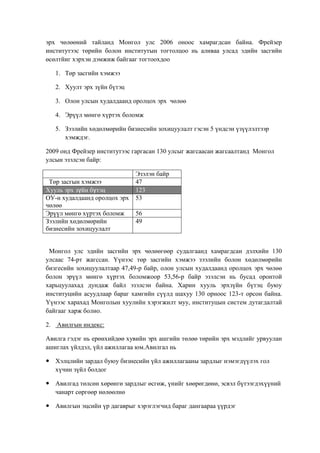 эрх чөлөөний тайланд Монгол улс 2006 оноос хамрагдсан байна. Фрейзер
институтээс төрийн болон институтын тогтолцоо нь аливаа улсад эдийн засгийн
өсөлтйиг хэрхэн дэмжиж байгааг тогтоохдоо
1. Төр засгийн хэмжээ
2. Хуулт эрх зүйн бүтэц
3. Олон улсын худалдаанд оролцох эрх чөлөө
4. Эрүүл мөнгө хүртэх боломж
5. Зээлийн хөдөлмөрийн бизнесийн зохицуулалт гэсэн 5 үндсэн үзүүлэлтээр
хэмждэг.
2009 онд Фрейзер институтээс гаргасан 130 улсыг жагсаасан жагсаалтанд Монгол
улсын эзэлсэн байр:
Төр засгын хэмжээ
Хууль эрх зүйн бүтэц
ОУ-н худалдаанд оролцох эрх
чөлөө
Эрүүл мөнгө хүртэх боломж
Зээлийн хөдөлмөрийн
бизнесийн зохицуулалт

Эзэлэн байр
47
123
53
56
49

Монгол улс эдийн засгийн эрх чөлөөгөөр судалгаанд хамрагдсан дэлхийн 130
улсаас 74-рт жагссан. Үүнээс төр засгийн хэмжээ зээлийн болон хөдөлмөрийн
бизгесийн зохицуулалтаар 47,49-р байр, олон улсын худалдаанд оролцох эрх чөлөө
болон эрүүл мөнгө хүртэх боломжоор 53,56-р байр эзэлсэн нь бусад оронтой
харьцуулахад дундаж байл эзэлсэн байна. Харин хууль эрхзүйн бүтэц буюу
институцийн асуудлаар бараг хамгийн сүүлд шахуу 130 орноос 123-т орсон байна.
Үүнээс харахад Монголын хуулийн хэрэгжилт муу, институцын систем дутагдалтай
байгааг харж болно.
2. Авилгын индекс:
Авилга гэдэг нь ерөнхийдөө хувийн эрх ашгийн төлөө төрийн эрх мэдлийг урвуулан
ашиглах үйлдэл, үйл ажиллагаа юм.Авилгал нь
 Хэлцлийн зардал буюу бизнесийн үйл ажиллагааны зардлыг нэмэгдүүлэх гол
хүчин зүйл болдог
 Авилгад төлсөн хөрөнгө зардлыг өсгөж, үнийг хөөрөгдөнө, эсвэл бүтээгдэхүүний
чанарт сөргөөр нөлөөлнө
 Авилгын эцсийн үр дагаврыг хэрэглэгчид бараг дангаараа үүрдэг

 