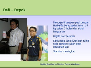 Dafi – Depok


                               Mengganti sarapan pagi dengan
                               Herbalife berat badan turun 15
                               kg dalam 3 bulan dan stabil
                               hingga kini
                               Gejala liver teratasi
                               Sakit pada sendi lutut dan tumit
                               saat berjalan sudah tidak
                               dirasakan lagi
                               Stamina meningkat



               Healthy Breakfast for Nutrition, Sports & Wellness
 