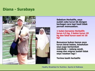 Diana - Surabaya

                                    Sebelum Herbalife, saya
                                    sudah coba turun bb dengan
                                    berbagai cara tapi hasil tidak
                                    pernah memuaskan.

                                    1 bulan bersama Herbalife
                                    turun 4,5 kg. 3 bulan turun 10
                                    kg dan total turun saat ini 16
                                    kg!

                                    Bonusnya bukan hanya saya
                                    turun berat badan, kesehatan
                                    saya juga bertambah
                                    membaik – radang sendi,
                                    maag dan migren sudah tidak
                                    saya rasakan lagi !

                                    Terima kasih herbalife



                   Healthy Breakfast for Nutrition, Sports & Wellness
 