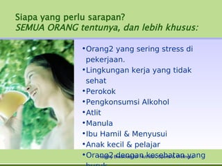 Siapa yang perlu sarapan?
SEMUA ORANG tentunya, dan lebih khusus:

              •Orang2 yang sering stress di
               pekerjaan.
              •Lingkungan kerja yang tidak
               sehat
              •Perokok
              •Pengkonsumsi Alkohol
              •Atlit
              •Manula
              •Ibu Hamil & Menyusui
              •Anak kecil & pelajar
              •Orang2 Breakfast for Nutrition, Sports & Wellness
                   Healthy dengan kesehatan yang
 