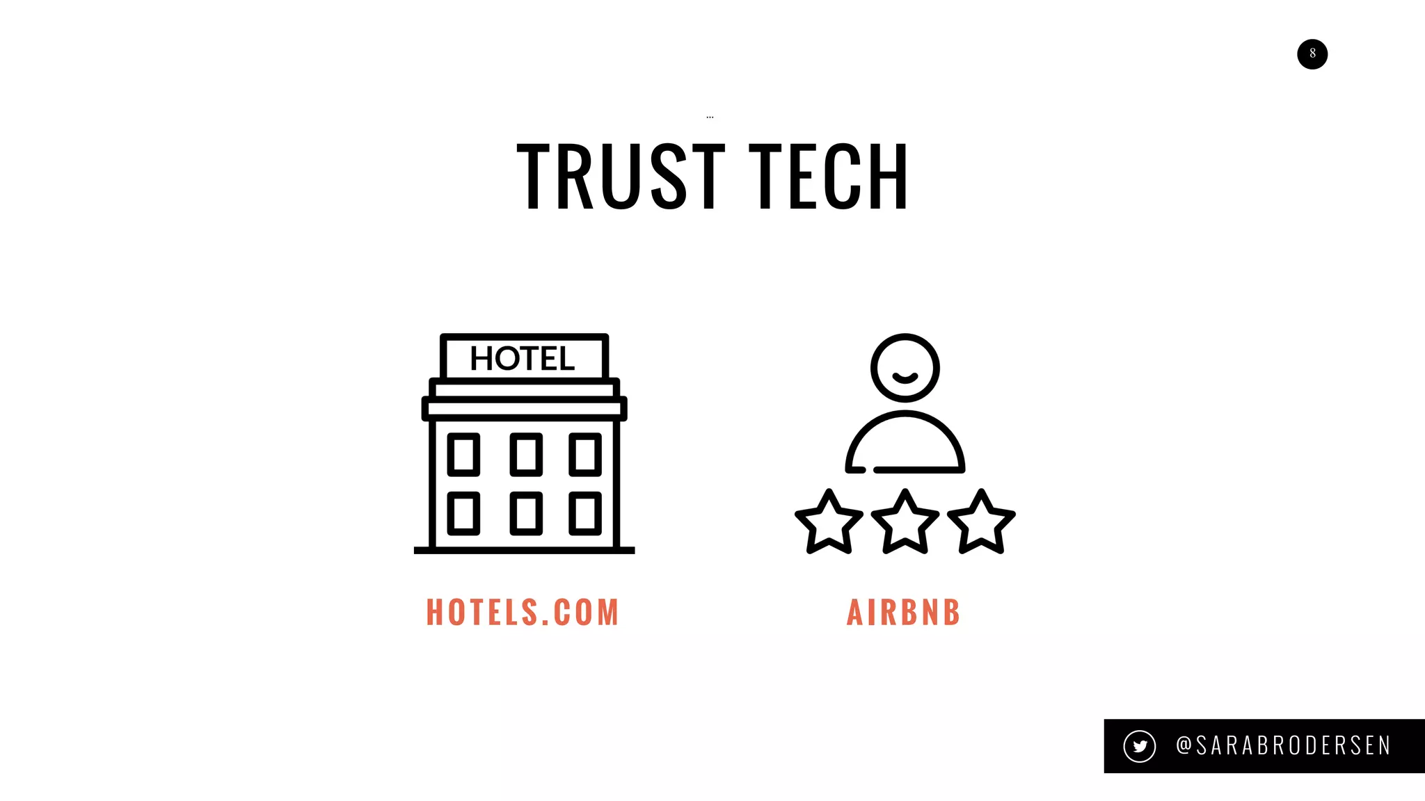 8
TRUST TECH
…
@ S A R A B R O D E R S E N
HO TE L S . CO M A IRBNB
 