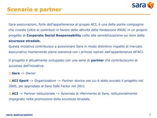 Scenario e partner 
Sara assicurazioni, forte dell’appartenenza al gruppo ACI, è una delle poche compagnie 
che investe (oltre ai contributi in favore delle attività della fondazione ANIA) in un proprio 
progetto di Corporate Social Responsability volto alla sensibilizzazione sui temi della 
sicurezza stradale. 
Questa iniziativa contribuisce a posizionare Sara in modo distintivo rispetto al mercato 
assicurativo mantenendo piena coerenza con i principi ispirati dall’appartenenza all’ACI. 
Il progetto è attualmente sviluppato con una serie di partner che contribuiscono al 
successo dell’iniziativa: 
1.Sara -> Owner 
2.ACI Sport -> Organizzatore -> Partner storico con cui è stato avviato il progetto nel 
2005, poi approdato al Sara Safe Factor nel 2011 
3.ACI -> Partner istituzionale -> Azionista di riferimento di Sara, istituzionalmente 
impegnato nella promozione della sicurezza stradale. 
sara assicurazioni 2 
 