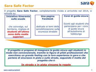 Sara Safe Factor 
Il progetto Sara Safe Factor, completamente rivisto e arricchito nel 2014, si 
articola su: 
Iniziativa itinerante 
sulle scuole 
che coinvolge, sul 
territorio, migliaia di 
studenti all’ultimo 
anno delle medie 
superiori 
Una pagina 
Facebook 
dedicato ai temi della 
sensibilizzazione sulla 
sicurezza stradale 
Corsi di guida sicura 
Sconti agli studenti che 
partecipano per i corsi 
di guida sicura 
all’autodromo di 
Vallelunga 
Il progetto si propone di insegnare la guida sicura agli studenti in 
modo non convenzionale, tramite la figura di piloti professionisti che 
esercitano un grande feeling con la loro esperienza in gara e che 
parlano di sicurezza in pista e sulla strada, seguendo il motto del 
progetto che è: 
In strada e in pista vincono le regole 
sara assicurazioni 3 
 