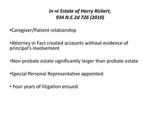 In re Estate of Harry Rickert,
934 N.E.2d 726 (2010)
•Caregiver/Patient relationship
•Attorney in Fact created accounts without evidence of
principal’s involvement
•Non-probate estate significantly larger than probate estate
•Special Personal Representative appointed
• Four years of litigation ensued
 