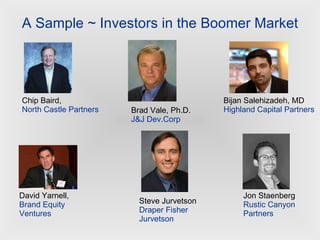 A Sample ~ Investors in the Boomer Market David Yarnell, Brand Equity Ventures Chip Baird, North Castle Partners Steve Jurvetson Draper Fisher Jurvetson Jon Staenberg Rustic Canyon Partners Bijan Salehizadeh, MD Highland Capital Partners   Brad Vale, Ph.D. J&J Dev.Corp 