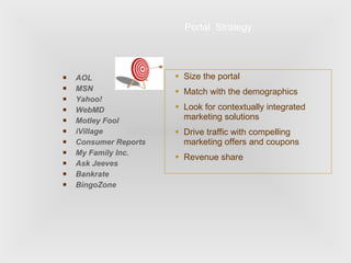AOL MSN Yahoo! WebMD Motley Fool iVillage Consumer Reports My Family Inc. Ask Jeeves Bankrate BingoZone Portal  Strategy Size the portal Match with the demographics Look for contextually integrated marketing solutions Drive traffic with compelling marketing offers and coupons Revenue share 