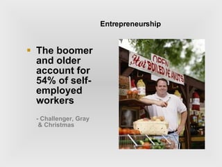 Entrepreneurship The boomer and older account for 54% of self-employed workers - Challenger, Gray  & Christmas 