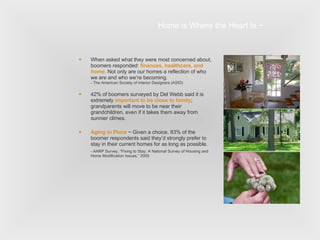 Home is Where the Heart Is ~ When asked what they were most concerned about, boomers responded:  finances, healthcare, and  home .  Not only are our homes a reflection of who we are and who we’re becoming. - The American Society of Interior Designers (ASID) 42% of boomers surveyed by Del Webb said it is extremely  important to be close to family ; grandparents will move to be near their grandchildren, even if it takes them away from sunnier climes. Aging in Place  ~ Given a choice, 83% of the boomer respondents said they’d strongly prefer to stay in their current homes for as long as possible. - AARP Survey, “Fixing to Stay: A National Survey of Housing and Home Modification Issues,” 2000 