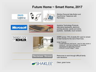 Future Home ~ Smart Home, 2017 Slimline Personal Help Button and CarePartner Telephone with Reminders Assistive Technology Products: alternative keyboards, electronic pointing devices, wands and sticks, joysticks,  trackballs, touch screens AARP survey: 74% of adults 50+ want to remain in their homes for the rest of their lives. Kohler Products: Purist® bathroom sink faucet – easy for older adults to maneuver – and they're beautiful--an essential requirement for aging baby boomers  KOHLER Comfort Height™ toilets  Resources to work through difficult family care decisions  Clean, green home 