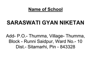Name of School


SARASWATI GYAN NIKETAN

Add- P.O.- Thumma, Village- Thumma,
 Block - Runni Saidpur, Ward No.- 10
    Dist.- Sitamarhi, Pin - 843328
 