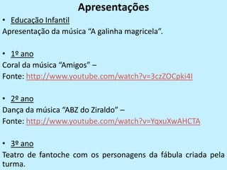 Apresentações
• Educação Infantil
Apresentação da música “A galinha magricela”.

• 1º ano
Coral da música “Amigos” –
Fonte: http://www.youtube.com/watch?v=3czZOCpki4I

• 2º ano
Dança da música “ABZ do Ziraldo” –
Fonte: http://www.youtube.com/watch?v=YqxuXwAHCTA

• 3º ano
Teatro de fantoche com os personagens da fábula criada pela
turma.
 