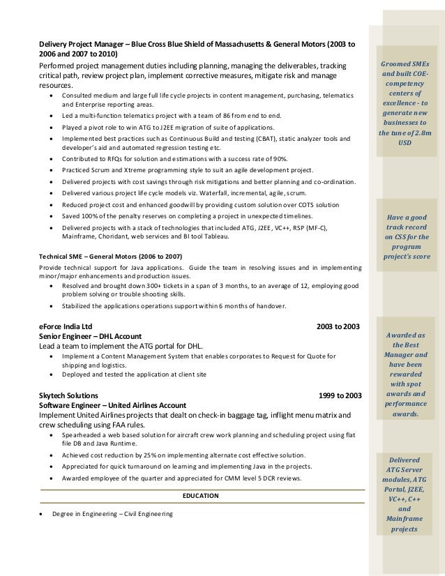 j2ee project manager resume