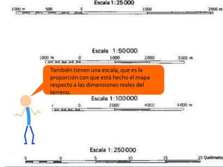 También tienen una escala, que es la proporción con que está hecho el mapa respecto a las dimensiones reales del terreno. 