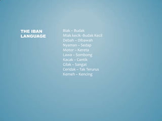 THE IBAN   Biak – Budak
LANGUAGE   Miak kecik -Budak Kecil
           Debah – Dibawah
           Nyaman – Sedap
           Motor – Kereta
           Lawa – Sombong
           Kacak – Cantik
           Gilak – Sangat
           Ceridak – Tak Terurus
           Kemeh – Kencing
 