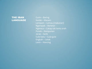 THE IBAN   Gurin – Baring
LANGUAGE   Kedak – Macam
           Lempam – Lemau (makanan)
           Ngerepak – Berleter
           Ngereco – Cakap tak tentu arah
           Ponek – Kempunan
           Jerak – Serik
           Gula batu – Gula-gula
           Engkah – Letak
           Lesin – Hancing
 