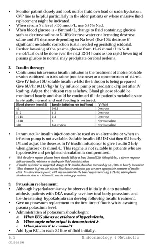 6.5 Endocrinology & Metabolic
disease
• Monitor patient closely and look out for fluid overload or underhydration,
CVP line is helpful particularly in the older patients or where massive fluid
replacement might be indicated.
• When serum Na level >150mmol/L, use 0.45% Nacl.
• When blood glucose is <15mmol/L, change to fluid containing glucose
such as dextrose saline or 5-10%dextrose water or alternating dextrose
saline and 5% dextrose depending on Na level (Use 10% dextrose if
significant metabolic correction is still needed eg persisting acidosis).
• Further lowering of the plasma glucose from 12-15 mmol/L to 5-10
mmol/L should be done over the next 12-24 hours as too rapid lowering of
plasma glucose to normal may precipitate cerebral oedema.
2. Insulin therapy:
• Continuous intravenous insulin infusion is the treatment of choice. Soluble
insulin is diluted in 0.9% saline (not dextrose) at a concentration of 1U/ml.
Give IV bolus 10U soluble insulin whilst the infusion is being prepared.
Give 6U/hr (0.1U/kg/hr) by infusion pump or paediatric drip set after IV
loading. Adjust the infusion rate as below. Blood glucose should be
monitored hourly and should be continued till the patient's metabolic state
is virtually normal and oral feeding is restored.
Blood glucose (mmol/l) Insulin infusion rate (ml/hour) IV fluid
<5 0-0.5 Dextrose
5-10 1-2 Dextrose
10-15 2-3 Dextrose
15-20 4 Normal saline
>20 6 & review Normal saline
• Intramuscular insulin injections can be used as an alternative or when an
infusion pump is not available. Soluble insulin 20U IM stat then 6U hourly
IM and adjust the doses as in IV insulin infusion or to give insulin 2 hrly
when glucose <15 mmol/L. This regime is not suitable in patients who are
hypotensive and peripheral circulation is compromised.
# With the above regime, glucose levels should fall by at least 3mmol/L/hr (50mg/dl/hr), a slower response
indicate insulin resistance or inadequate fluid administration.
# If insulin resistance is suspected, dosage of IV insulin should be increased by 50-100% in hourly increment.
# When dextrose is given, the plasma bicarbonate and anion gap are more appropriate measures of insulin
effect. Insulin can be tapered, with care to maintain the basal requirements (eg.1-2U/hr) when plasma
bicarbonate rises to >15mmol/L and the anion gap resolves.
3. Potassium replacement:
• Although hyperkalaemia may be observed initially due to metabolic
acidosis, patients with DKA usually have low total body potassium, and
life-threatening hypokalemia can develop following insulin treatment.
• Give no potassium replacement in the first litre of fluids whilst awaiting
plasma potassium level.
• Administration of potassium should begin:
a. When ECG shows no evidence of hyperkalemia,
b. When ample urine output is demonstrated &
c. When plasma K is <5mmol/L.
• Add 1gm KCL in each 0.5 litre of fluid initially.
 