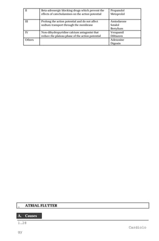 1.28
Cardiolo
gy
II Beta-adrenergic blocking drugs which prevent the
effects of catecholamines on the action potential
Propanolol
Metoprolol
III Prolong the action potential and do not affect
sodium transport through the membrane
Amiodarone
Sotalol
Bretylium
IV Non-dihydropyridine calcium antagonist that
reduce the plateau phase of the action potential
Verapamil
Diltiazem
Others Adenosine
Digoxin
_ ATRIAL FLUTTER
A. Causes
 
