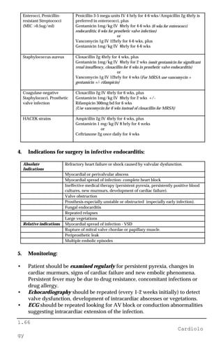 1.66
Cardiolo
gy
Enterocci, Penicillin-
resistant Streptococci
(MIC >0.5ug/ml)
Penicillin 3-5 mega units IV 4 hrly for 4-6 wks/Ampicillin 2g 4hrly is
preferred in enterococci, plus
Gentamicin 1mg/kg IV 8hrly for 4-6 wks (6 wks for enterococci
endocarditis; 6 wks for prosthetic valve infection)
or
Vancomycin 1g IV 12hrly for 4-6 wks, plus
Gentamicin 1mg/kg IV 8hrly for 4-6 wks
Staphylococcus aureus Cloxacillin 2g 4hrly for 4 wks, plus
Gentamicin 1mg/kg IV 8hrly for 2 wks (omit gentamicin for significant
renal insuffiency, cloxacillin for 6 wks in prosthetic valve endocarditis)
or
Vancomycin 1g IV 12hrly for 4 wks (For MRSA use vancomycin +
gentamicin +/- rifampicin)
Coagulase-negative
Staphylococci, Prosthetic
valve infection
Cloxacillin 2g IV 4hrly for 6 wks, plus
Gentamicin 1mg/kg IV 8hrly for 2 wks +/-
Rifampicin 300mg bd for 6 wks
(Use vancomycin for 6 wks instead of cloxacillin for MRSA)
HACEK strains Ampicillin 2g IV 4hrly for 4 wks, plus
Gentamicin 1 mg/kg IV 8 hrly for 4 weks
or
Ceftriaxone 2g once daily for 4 wks
4. Indications for surgery in infective endocarditis:
Absolute
Indications
Refractory heart failure or shock caused by valvular dysfunction.
Myocardial or perivalvular abscess
Myocardial spread of infection- complete heart block
Ineffective medical therapy (persistent pyrexia, persistently positive blood
cultures, new murmurs, development of cardiac failure).
Valve obstruction
Prosthesis especially unstable or obstructed (especially early infection).
Fungal endocarditis
Repeated relapses
Large vegetations
Relative indications Myocardial spread of infection - VSD
Rupture of mitral valve chordae or papillary muscle.
Periprosthetic leak
Multiple embolic episodes
5. Monitoring:
• Patient should be examined regularly for persistent pyrexia, changes in
cardiac murmurs, signs of cardiac failure and new embolic phenomena.
Persistent fever may be due to drug resistance, concomitant infections or
drug allergy.
• Echocardiography should be repeated (every 1-2 weeks initially) to detect
valve dysfunction, development of intracardiac abscesses or vegetations.
• ECG should be repeated looking for AV block or conduction abnormalities
suggesting intracardiac extension of the infection.
 