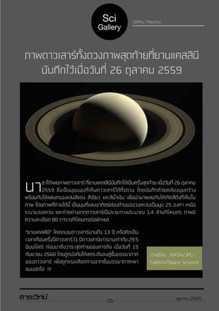 25 ตุลาคม 2560
ปริทัศน์ เทียนทอง
ภาพดาวเสาร์ทั้งดวงภาพสุดท้ายที่ยานแคสสินี
บันทึกไว้เมื่อวันที่ 26 ตุลาคม 2559
นาซาได้เผยภาพดาวเสาร์ ที่ยานแคสสินีบันทึกได้เป็นครั้งสุดท้าย เมื่อวันที่ 26 ตุลาคม
2559 ซึ่งเป็นมุมมองที่เห็นดาวเสาร์ได้ทั้งดวง โดยบันทึกด้วยกล้องมุมกว้าง
พร้อมกับใช้แผ่นกรองแสงสีแดง สีเขียว และสีน้ำ�เงิน เพื่อนำ�มาผสมกันให้เกิดสีดังที่เห็นใน
ภาพ โดยภาพที่ถ่ายได้นี้ เป็นมุมที่แสงอาทิตย์ส่องด้านของวงแหวนเป็นมุม 25 องศา เหนือ
ระนาบวงแหวน และถ่ายห่างจากดาวเสาร์เป็นระยะทางประมาณ 1.4 ล้านกิโลเมตร ภาพมี
ความละเอียด 80 ตารางกิโลเมตรต่อพิกเซล
“ยานแคสสินี” โคจรรอบดาวเสาร์นานถึง 13 ปี หรือคิดเป็น
เวลาเกือบครึ่งปีดาวเสาร์ (1 ปีดาวเสาร์ยาวนานเท่ากับ 29.5
ปีบนโลก) ก่อนมาถึงวาระสุดท้ายของภารกิจ เมื่อวันที่ 15
กันยายน 2560 โดยถูกบังคับให้ลดระดับลงสู่ชั้นบรรยากาศ
ของดาวเสาร์ เพื่อถูกแรงเสียดทานจากชั้นบรรยากาศเผา
จนมอดไป
ภาพโดย : NASA/JPL-
Caltech/Space Science
Sci
Gallery
25 ตุลาคม 2560
 