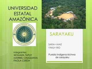 SARAYAKU
SARA= MAIZ
YAKU= RIO
UNIVERSIDAD
ESTATAL
AMAZÓNICA
Integrantes:
XIOMARA TAPUY
MARIBEL CHUQUIANA
PAOLA CERDA
Pueblo indígena kichwa
de sarayaku
 