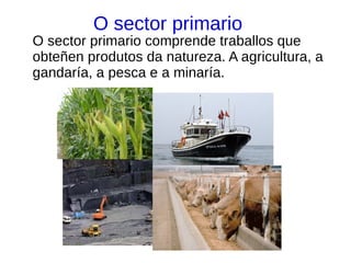 O sector primario
O sector primario comprende traballos que
obteñen produtos da natureza. A agricultura, a
gandaría, a pesca e a minaría.
 