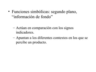 Funciones simbólicas: segundo plano, “información de fondo” Actúan en comparación con los signos indicadores. Apuntan a los diferentes contextos en los que se percibe un producto. 