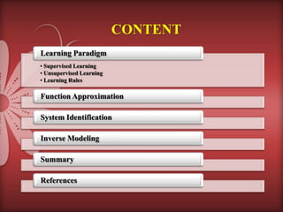 CONTENT
Learning Paradigm
Supervised Learning
Unsupervised Learning
Learning Rules
Function Approximation
System Identification
Inverse Modeling
Summary
References