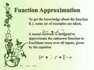 Function Approximation
To get the knowledge about the function
f(.), some set of examples are taken,
N
xi , di i 1
A neural network is designed to
approximate the unknown function in
Euclidean sense over all inputs, given
by the equation
F x f x
