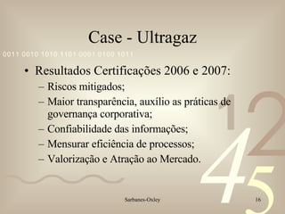 Case - Ultragaz Resultados Certificações 2006 e 2007: Riscos mitigados; Maior transparência, auxílio as práticas de governança corporativa; Confiabilidade das informações; Mensurar eficiência de processos; Valorização e Atração ao Mercado. 