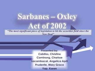 Sarbanes – Oxley Act of 2002 “The most significant piece of legislation to hit the securities field since the New Deal” Presented by: Cabillos, Christine Caminong, Charisse Lacambacal, Angelica April Prudente, Mary Grace Yap, Karen 