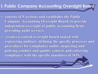 I. Public Company Accounting Oversight Boardconsists of 9sections and establishes the Public Company Accounting Oversight Board, to provide independent oversight of public accounting firms providing audit services. creates a central oversight board tasked with registering auditors, defining the specific processes and procedures for compliance audits, inspecting and policing conduct and quality control, and enforcing compliance with the specific mandates of SOX.