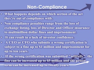 Non-ComplianceWhat happens depends on which section of the act they’re out of compliance with.Non compliance penalties range from the loss of exchange listing, loss of Director and Officer insurance to multimillion dollar fines and imprisonment. It can result in a lack of investor confidence. A CEO or CFO who submits a wrong certification is subject to a fine up to $1 million and imprisonment for up to ten years. If the wrong certification was submitted "willfully", the fine can be increased up to $5 million and the prison term can be increased up to twenty years.