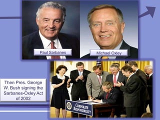 Enacted on July 30, 2002 and named after sponsors, U.S. Senator Paul Sarbanes and U.S. Representative Michael G. Oxley.Paul SarbanesMichael OxleyThen Pres. George W. Bush signing the Sarbanes-Oxley Act of 2002