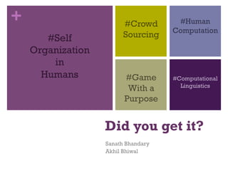 +
#Self
Organization
in
Humans

#Crowd
Sourcing

#Human
Computation

#Game
With a
Purpose

#Computational
Linguistics

Did you get it?
Sanath Bhandary
Akhil Bhiwal

 
