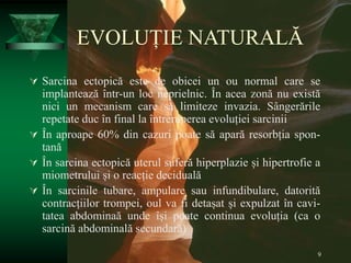 9
EVOLUȚIE NATURALĂ
 Sarcina ectopică este de obicei un ou normal care se
implantează într-un loc neprielnic. În acea zonă nu există
nici un mecanism care să limiteze invazia. Sângerările
repetate duc în final la întreruperea evoluției sarcinii
 În aproape 60% din cazuri poate să apară resorbția spon-
tană
 În sarcina ectopică uterul suferă hiperplazie și hipertrofie a
miometrului și o reacție deciduală
 În sarcinile tubare, ampulare sau infundibulare, datorită
contracțiilor trompei, oul va fi detașat și expulzat în cavi-
tatea abdominaă unde își poate continua evoluția (ca o
sarcină abdominală secundară)
 