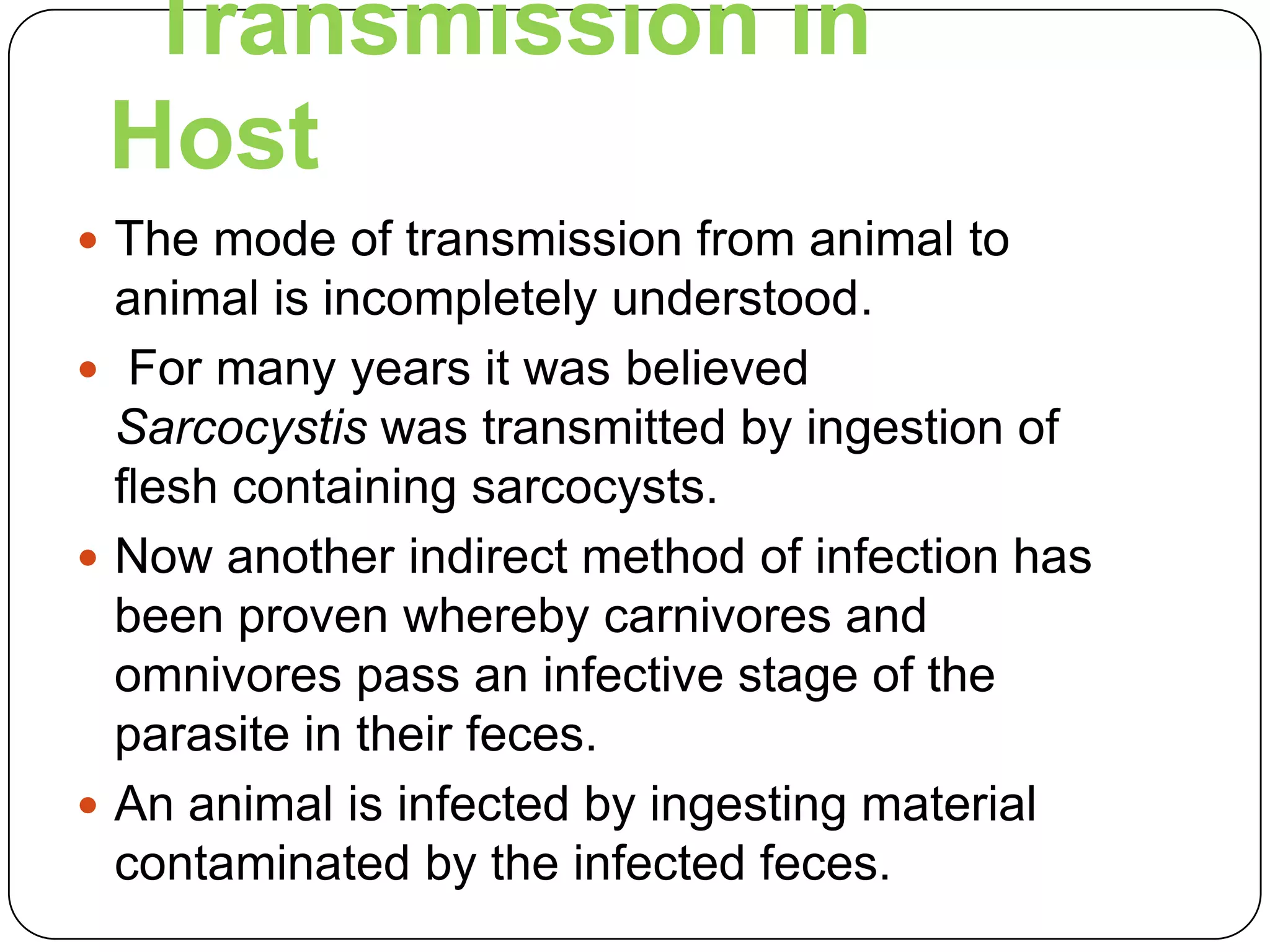 Transmission in
Host
 The mode of transmission from animal to

animal is incompletely understood.
 For many years it was believed
Sarcocystis was transmitted by ingestion of
flesh containing sarcocysts.
 Now another indirect method of infection has
been proven whereby carnivores and
omnivores pass an infective stage of the
parasite in their feces.
 An animal is infected by ingesting material
contaminated by the infected feces.

 
