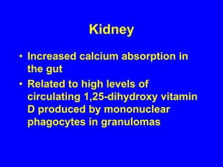 KidneyIncreased calcium absorption in the gutRelated to high levels of circulating 1,25-dihydroxy vitamin D produced by mononuclear phagocytes in granulomas