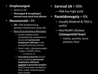 • Oropharyngeal
– Tonsils in 2%
– Pharyngeal & oesophageal
stenosis may result from fibrosis

• Neurosarcoid = 5%
– CN > CNS symptoms (e.g.
pituitary involvement causes DI)
– Basal Granulomatous Meningitis
• Causes multiple cranial
neuropathies by involvement of
nerves with perivascular
lymphocytic infiltrates in IAC,
causing fluctuating ischaemia
• Facial > optic > glossopharyngeal
> vagus > cochlear nerves
– TV channels + 8

• Fluctuating ischaemia of facial
nerve caused by perivascular
lymphocytic infiltration
proximal to geniculate ganglion,
leads to reversible neuropraxia –
often sudden, bilateral palsies,
which resolve

• Cervical LN = 50%
– FNA has high yield

• Parotidomegaly = 6%
– Usually bilateral & FNA is
useful
– Heerfordt’s disease
(Uveoparotid Fever)
• Uveitis, parotitis, facial
paralysis, fever

 