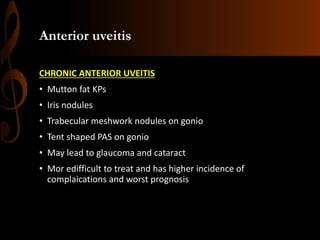 Anterior uveitis
CHRONIC ANTERIOR UVEITIS
• Mutton fat KPs
• Iris nodules
• Trabecular meshwork nodules on gonio
• Tent shaped PAS on gonio
• May lead to glaucoma and cataract
• Mor edifficult to treat and has higher incidence of
complaications and worst prognosis
 